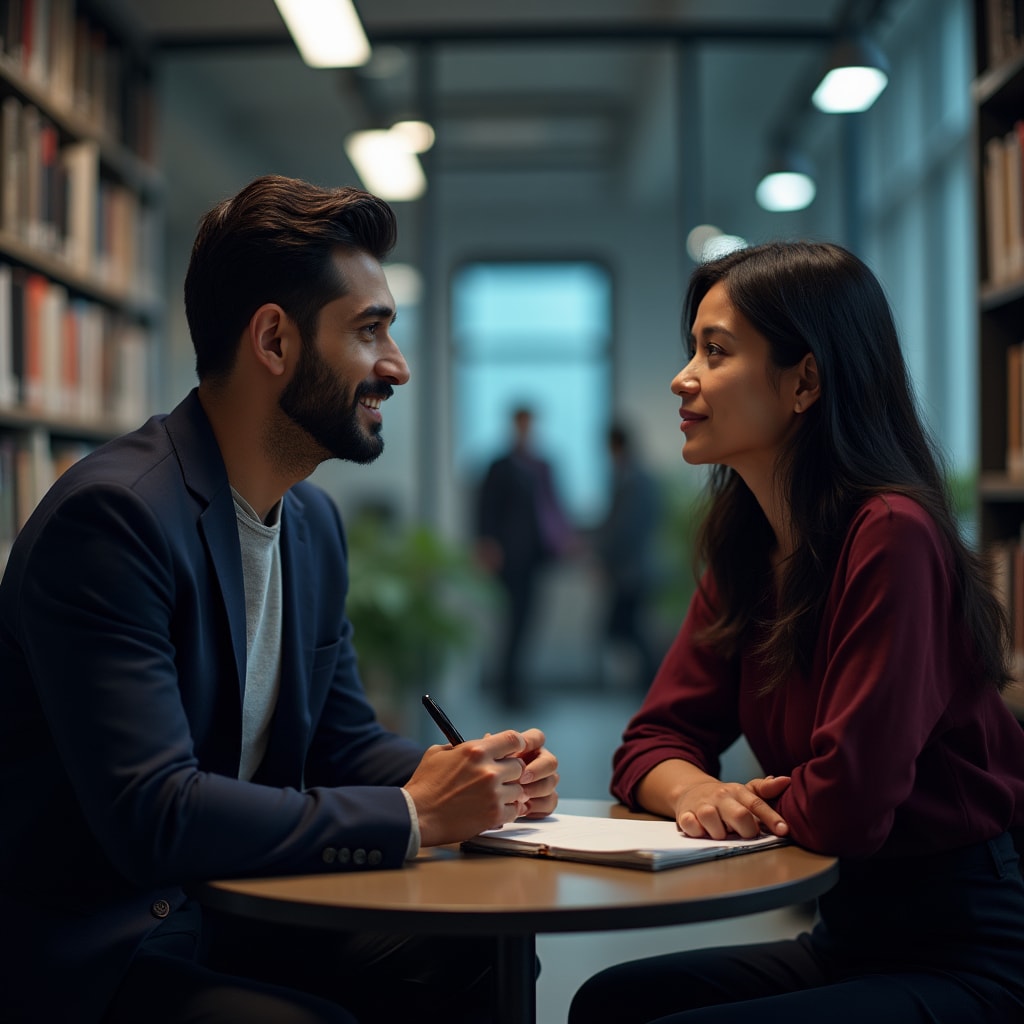 Conversation de guidance entre mentor et mentoré dans un bureau